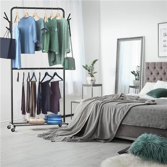 Simple Houseware Double Rod Garment Rack With Wheels and Hooks, Black - Picture 2 of 6